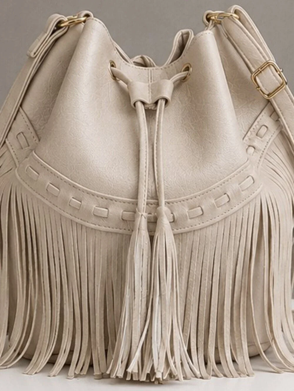 Boho Fringe Bucket Bag Cream Faux Leather Drawstring Crossbody Tassel Shoulder